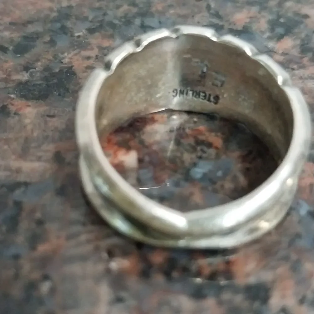 Sterling Silver Ring with Turquoise and Coral Accents.  It Is Signed E and L.